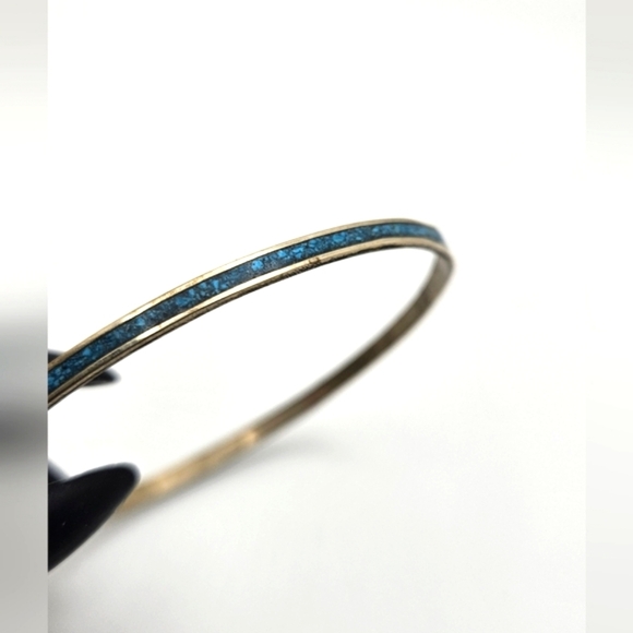Vintage ALPACA MEXICO Silver Turquoise Inlay Bangle Bracelet Unisex - Picture 2 of 6